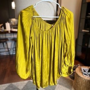 L. Love, silk blouse, long sleeve, yellow, flowy, off the shoulder, NWT